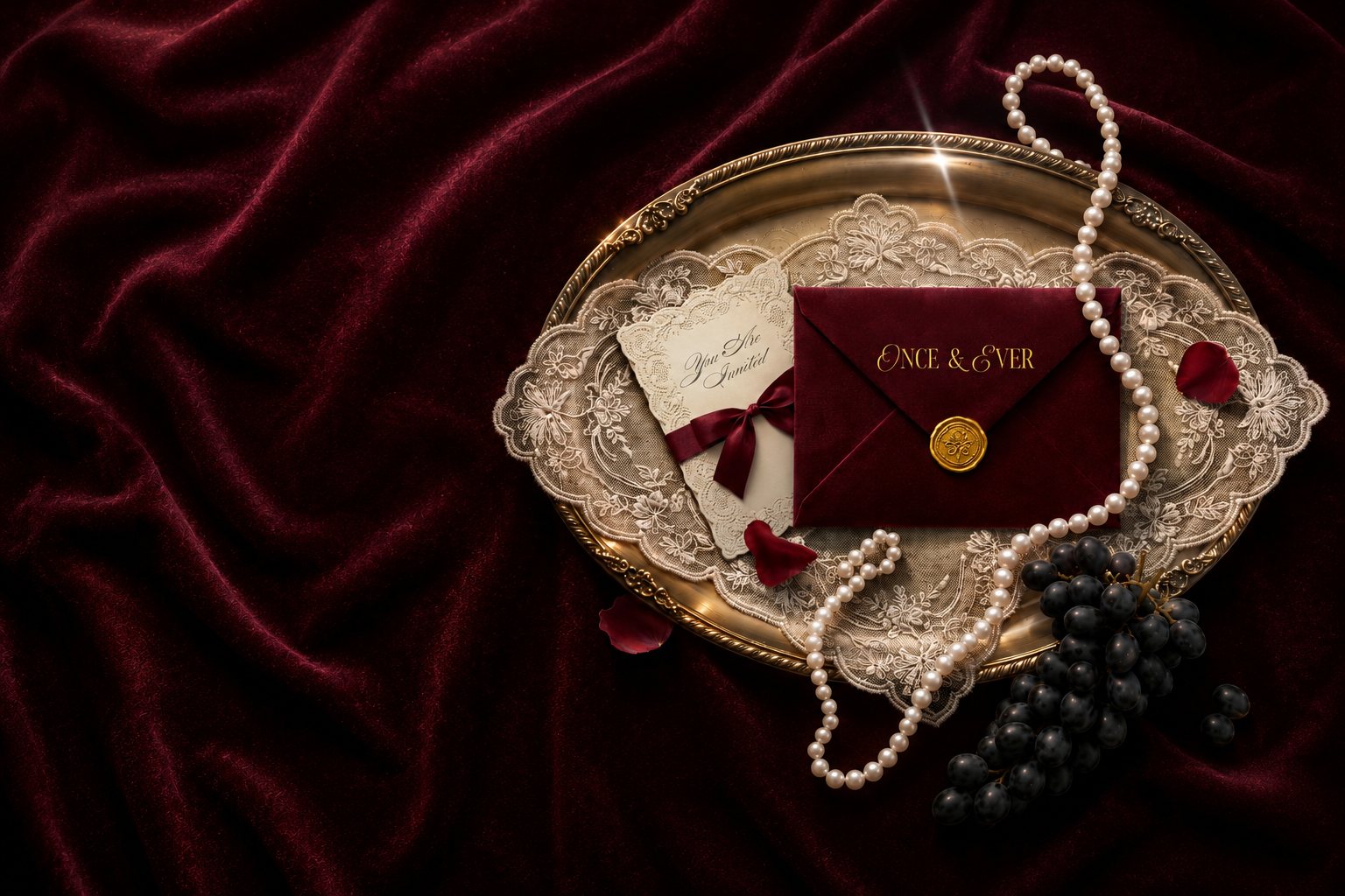 A burgundy Once & Ever envelope sealed in gold wax, resting on a gold tray with lace, pearls and velvet