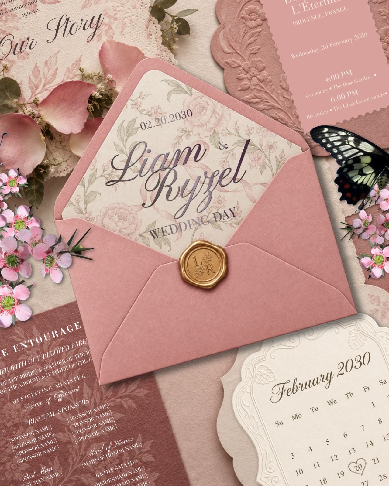 Everly Blush — Romantic · Vintage Floral · Dusty Rose wedding invitation suite