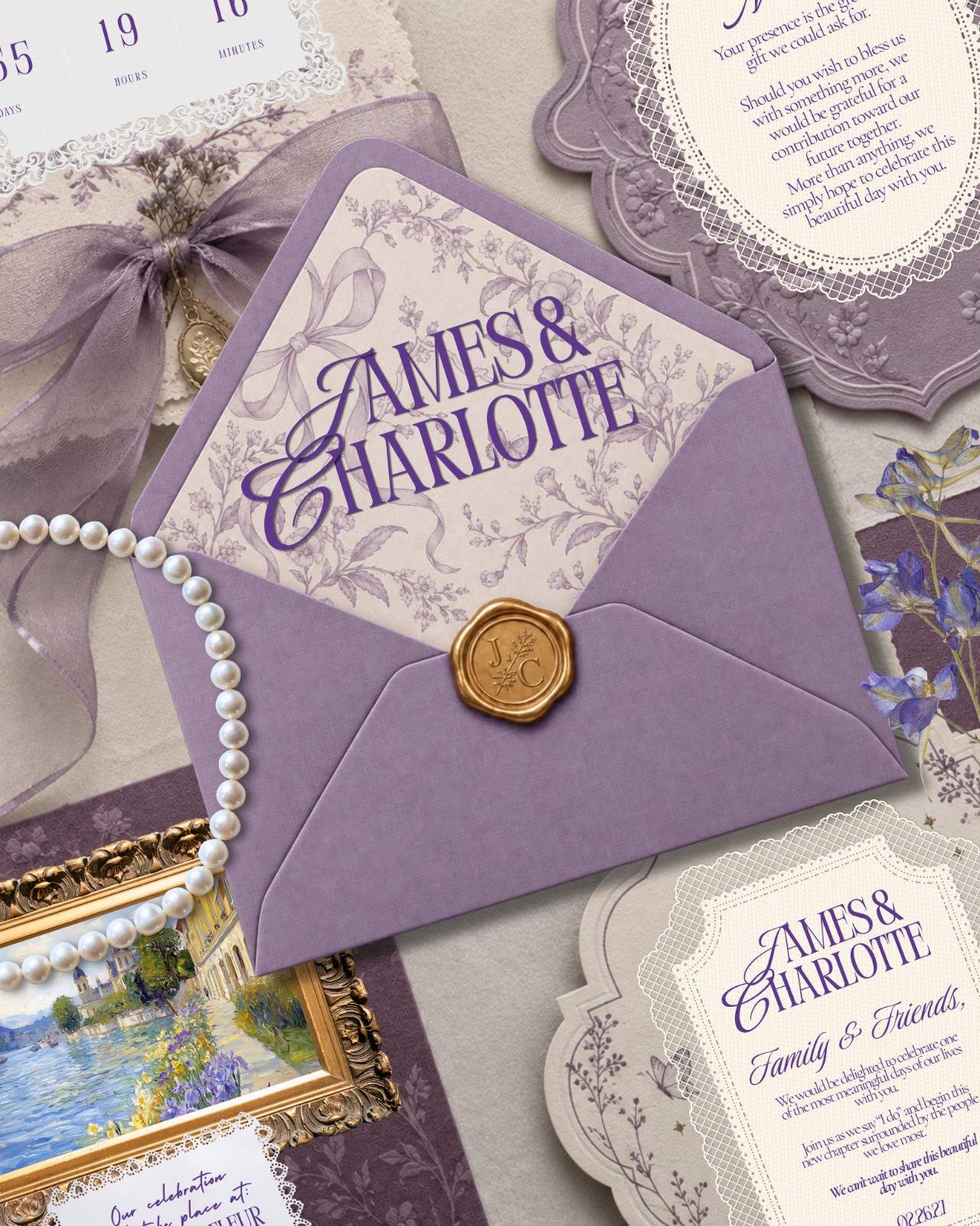Purple Reverie — Vintage · Pressed Florals · Lavender wedding invitation suite
