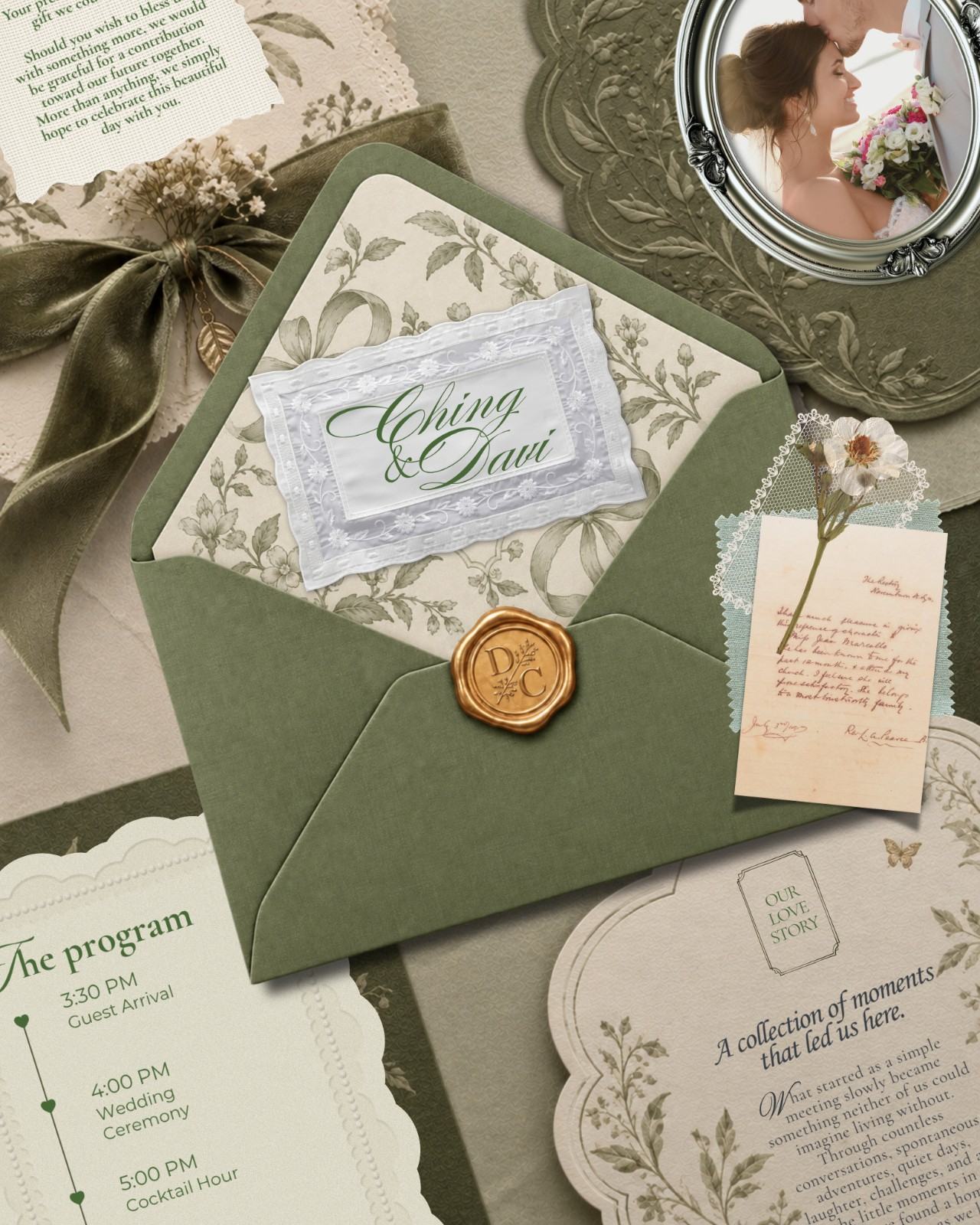 Sage Whisper — Floral · Botanical Toile · Olive wedding invitation suite