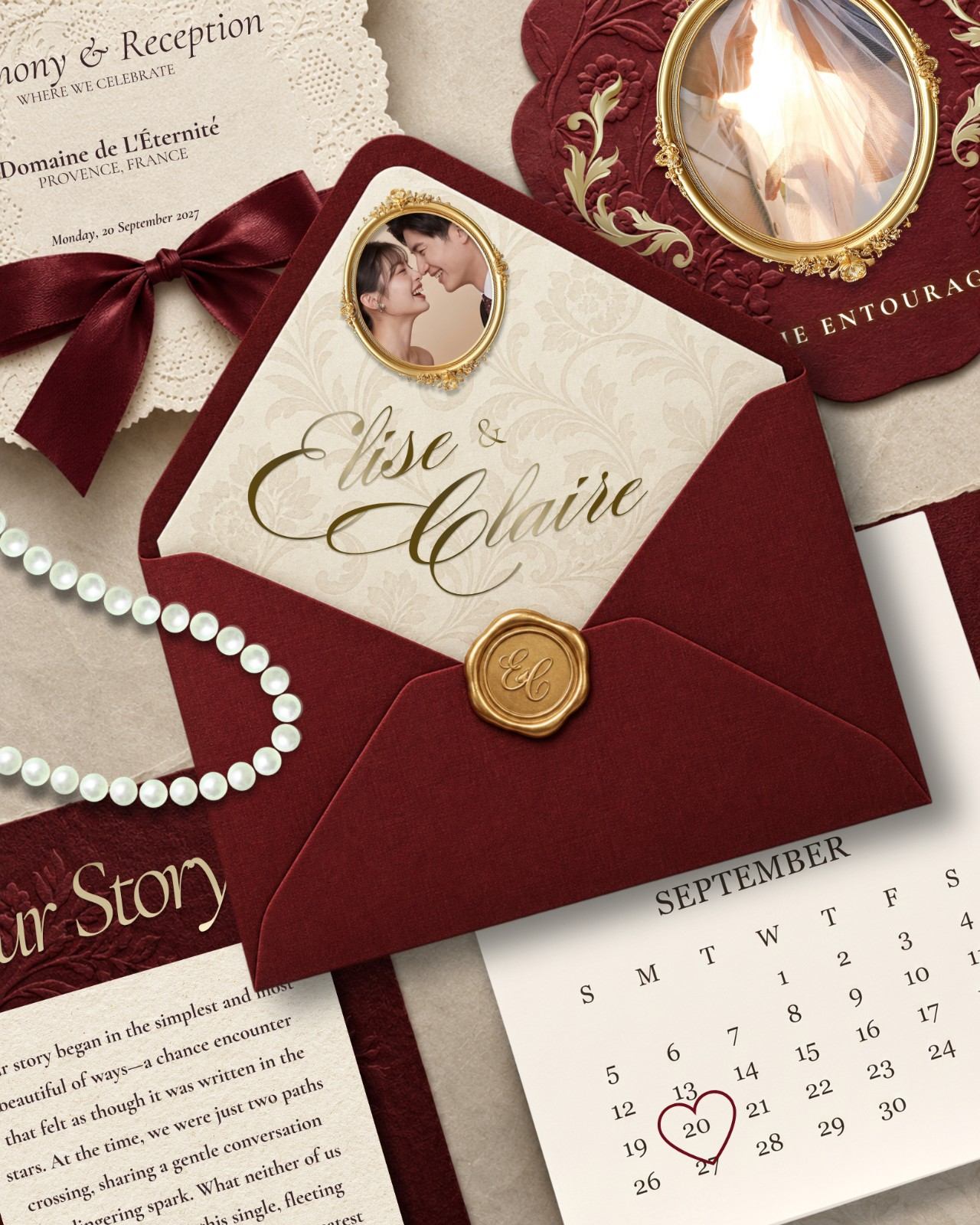 Ruby Soirée — Romantic · Opulent · Burgundy wedding invitation suite