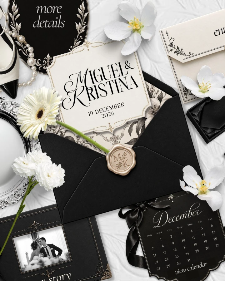 Noir Élégance digital wedding invitation by Once & Ever